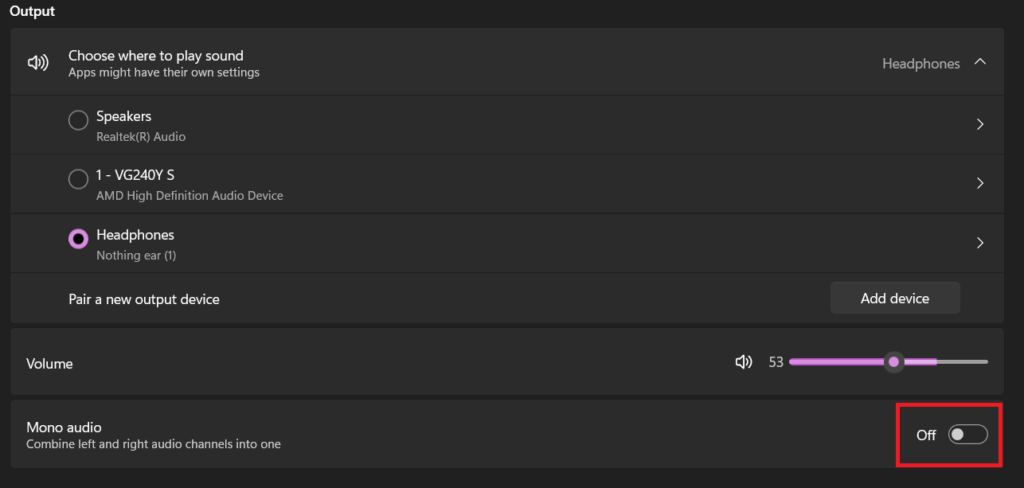 Enable mono audio to fix Windows 11 bluetooth audio