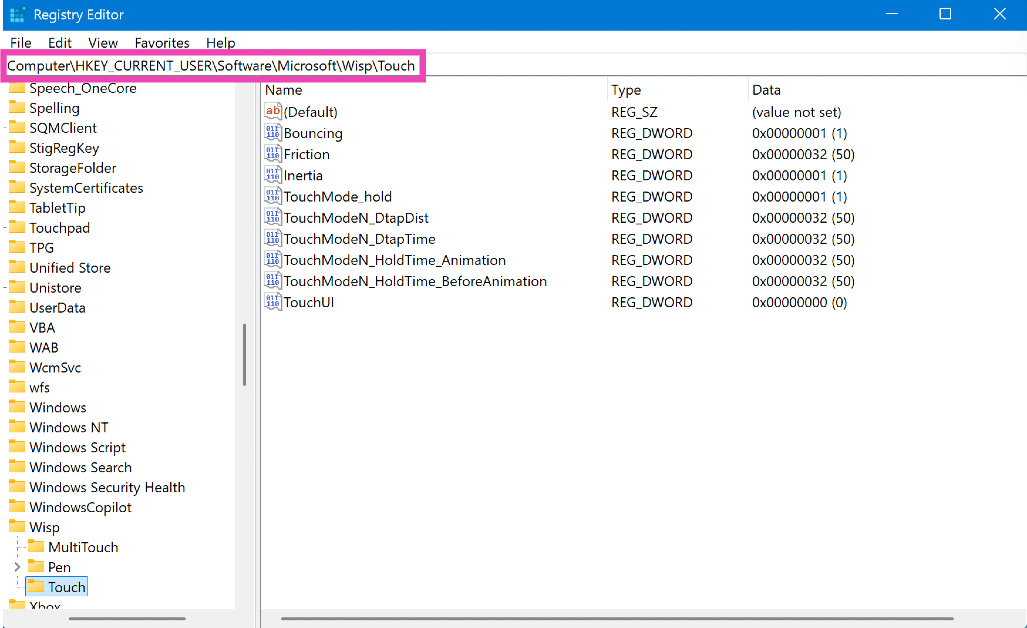 Step 2: Paste the path mentioned below in the address bar.
ComputerHKEY_Current_USERSoftwareMicrosoftWispTouch 3 Ways to Disable your Windows Laptop’s Touchscreen